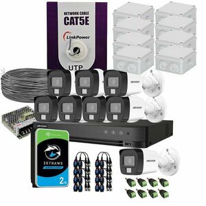 Sistem supraveghere complet HikVision, 8 camere, 5 MP, IR 30 m, lumina alba 20 m, 2.8 mm, microfon, HDD 2TB imagine