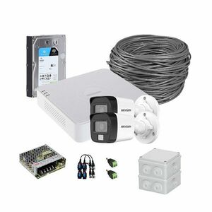 Sistem supraveghere exterior complet HikVision, 2 camere, 5 MP, IR 25 m, lumina alba 20 m, 2.8 mm, microfon, HDD 1TB imagine