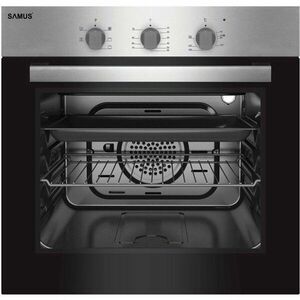 Cuptor incorporabil Samus SC616GTXV, Electric, 62 L, 5 functii, Timer, Ventilaţie tangenţială de răcire, Clasa A, Geam Low-E, Butoane ergonomice, Mâner metalic, Negru/Inox imagine