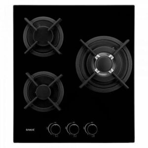 Plita Incorporabila Samus PSG-43SG1, 3 arzatoare pe gaz, Gratare din fonta, Sisteme de siguranta , Aprindere electrica, Sticla Neagra imagine