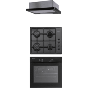 Pachet incorporabil cuptor electric, plita gaz si hota telescopica front sticla neagra, City Black Studio Casa, 56 l, Clasa energetica A, 6 functii, 4 arzatoare gaz, Negru imagine