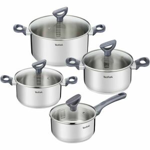Set 8 piese Tefal Daily Cook, inductie, cratita de 16 cm, oala de 18/20/24 cm, 4 capace de sticla cu design inteligent, manere ergonomice, interior gradat, inox premium, argintiu imagine