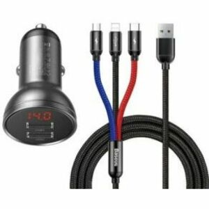 Incarcator auto Baseus Digital Display, Quick Charge 24W, 2 x USB 5V/4.8A, contine Cablu 3 in 1: USB la USB Type-C, microUSB si Lightning de 1.2m, gri imagine