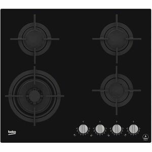 Plita incorporabila Beko HILW64322S, Gaz, 4 arzatoare, FlameAdjust™, Arzator wok, Gratare fonta, 60 cm, Sticla neagra imagine