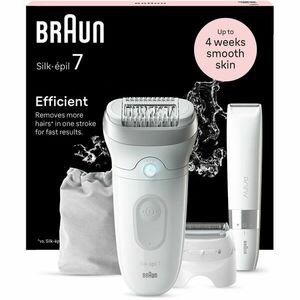 Epilator Braun Silk-épil 7 7-441 SkinSpa, Wet & Dry, MicroGrip, Smart Light, 40 de pensete, 2 viteze, Trimmer pentru corp, Cap de ras + Pieptene, 1 Capac, Saculet de voiaj, Alb/Argintiu imagine