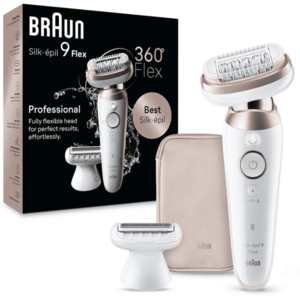Epilator Braun Silk-épil 9 9-030 Flex 360° Wet & Dry, Smart Touch, 40 de pensete, 2 viteze, Cap de ras + Pieptene, Geanta de voiaj, Alb/Bronz imagine