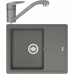 Pachet chiuveta bucatarie Franke BFG 611-62, 62x50cm, cuva 34x42x20cm + Baterie Novara Plus Stone Grey, rotatie pipa 360 grade, racorduri flexibile inox, discuri ceramice, include ventil de 3 1/2”, cleme de fixare, sifon, sistem inchidere ventil imagine
