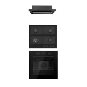 Pachet incorporabil Studio Casa Tele Rialto, Cuptor electric sticla neagra, Plita gaz neagra si hota telescopica neagra, 78 l, 7 functii, Ventilator, Autocuratare catalitica, Clasa energetica A, Sticla neagra imagine