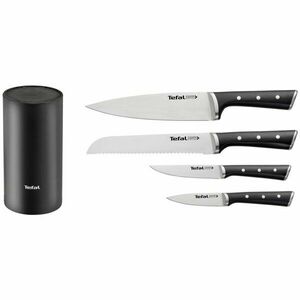 Set de 4 cutite cu suport Tefal Ice Force, cutite universale de 20 si 11 cm, cutit paine 20 cm, cutit curatare 9 cm, inox, compatibil cu masina de spalat vase, negru imagine