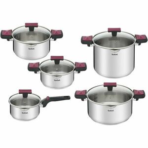 Set 10 piese Tefal Cook & Clip, inductie, oale cu capace de sticla 18 / 20 / 22 / 24 cm, cratita cu capac de sticla 16 cm, capace cu turnare inteligenta, interior gradat, sistem Easy-lock, inox, argintiu imagine