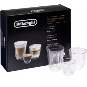 Set 2 pahare Espresso 90 ml, 2 pahare Cappuccino 270 ml si 2 pahare Latte Macchiato 330 ml, cu pereti dubli, DeLonghi DLSC302, Colectia Connoisseur imagine