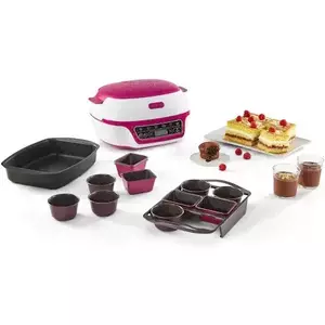Aparat pentru deserturi si produse de patisserie Tefal Cake Factory Delices KD810112, 5 programe automate + mod manual, ajustarea temperaturii, tava antiaderenta, 6 forme briose Creabake, 6 forme mini-prajituri Creabake, carte de retete, Alb/Rosu imagine