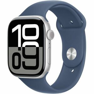 Apple Watch 10 GPS, Carcasa Silver Aluminium Case 46mm, Denim Sport Band - S/M imagine