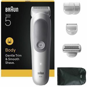 Aparat de ingrijire corporala Braun Seria 5 BG5550, +6 Accesorii de ingrijire: 3 Piepteni, 1 Cap de ras, 1 Saculet, 1 Perie de curatare, Tehnologie SkinGuard, Delicat pentru zone sensibile, Autonomie 100 minute, Rezistent La Apa, Gri deschis imagine
