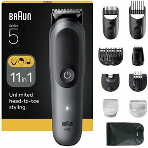 Aparat de tuns multifunctional Braun All-in-One Seria 5 AIO5560, 11-in-1, Lama ultra ascutita, 7 Piepteni, 1 Mini Cap de ras, 1 Cap tuns SkinGuard, 1 Perie de curatare, 1 Saculet, AquaGrip pentru control sub dus, Autonomie 120 minute, Gri argintiu imagine