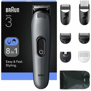 Aparat de tuns multifunctional Braun All-in-One Seria 3 AIO3540, 8-in-1, Lama ultra ascutita, 6 Piepteni, 1 Perie de curatare, 1 Saculet, 14 Setari de lungime , Autonomie 50 minute, Gri argintiu lucios imagine