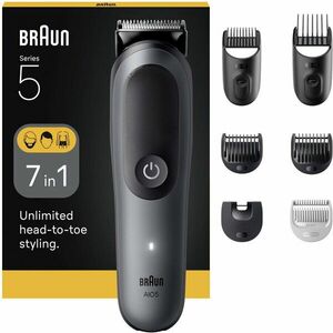 Aparat de tuns multifunctional Braun All-in-One Seria 5 AIO5520, 7-in-1, Lama ultra ascutita, 6 Piepteni, 1 Perie de curatare, 1 Pieptene SkinGuard pentru corp, AquaGrip pentru control sub dus, 14 Setari de lungime, Autonomie 120 minute, Gri/Negru imagine