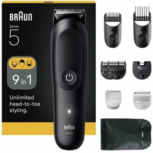Aparat de tuns multifunctional Braun All-in-One Seria 5 AIO5540, 9-in-1, Lama ultra ascutita, 7 Piepteni, 1 Perie curatare, 1 Pieptene SkinGuard pentru corp, 1 Saculet, AquaGrip pentru control sub dus, Autonomie 120 minute, Negru Mat imagine