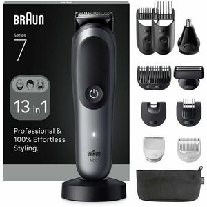 Aparat de tuns multifunctional Braun All-in-One Seria 7 AIO7560, Lama ProBlade, AutoSense, 7 Piepteni, 1 Cap tuns SkinGuard, 1 Cap ras PrecisionShave, 1 Cap tuns urechi/nas, 1 Suport încarcare, Autonomie 120 min, Îngrijire pentru zona intima, Gri cosmic imagine