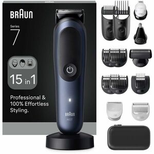 Aparat de tuns multifunctional Braun All-in-One Seria 7 AIO7580, Lama ProBlade, AutoSense, 8 Piepteni, 1 Cap tuns SkinGuard, 1 Cap ras PrecisionShave, 1 Cap tuns urechi/nas, 1 Cap ContourPro, Autonomie 120 min, Ingrijire pentru zona intima, Albastru metalic imagine