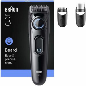 Aparat de tuns barba Braun Beard Trimmer Seria 3 BT3520, Lama ultra ascutita, +3 Accesorii de ingrijire: 2 Piepteni, 1 Perie de curatare, Rotita de precizie, 40 Setari de lungime, Autonomie 50 minute, Negru/Albastru imagine