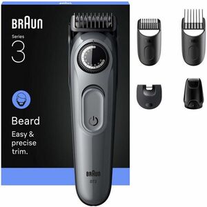 Aparat de tuns barba Braun Beard Trimmer Seria 3 BT3560, Lama ultra ascutita, +5 Accesorii de ingrijire: 3 Piepteni, 1 Mini cap de ras, 1 Perie de curatare, Rotita de precizie, 40 Setari de lungime, Autonomie 50 minute, Gri argintiu imagine