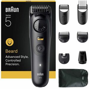 Aparat de tuns barba Braun Beard Trimmer Seria 5 BT5560, Lama ultra ascutita, Accesorii: 5 Piepteni, 1 Mini cap de ras, 1 Saculet, 1 Perie curatare, Rotita de precizie si buton de blocare, 40 Setari de lungime, Autonomie 120 Min, Rezistent la Apa, Negru Mat imagine
