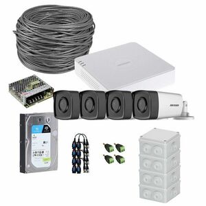Sistem supraveghere exterior complet HikVision, 4 camere, 5 MP, IR 80 m, 3.6 mm, HDD 1TB imagine