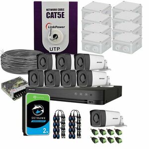 Sistem supraveghere exterior complet HikVision, 8 camere, 5 MP, IR 80 m, 3.6 mm, HDD 2TB imagine
