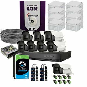 Sistem supraveghere exterior complet HikVision, 8 camere, 5 MP, IR 80 m, 3.6 mm, HDD 2TB imagine