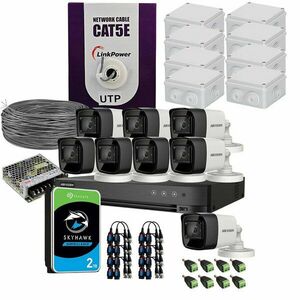 Sistem supraveghere exterior complet HikVision, 8 camere, 5 MP, IR 30 m, 2.8 mm, HDD 2TB imagine