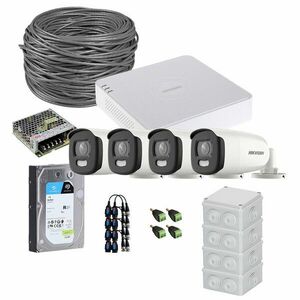 Sistem supraveghere exterior complet HikVision, 4 camere, 5 MP, lumina alba 20 m, 2.8 mm, stroboscop, HDD 1TB imagine