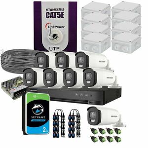 Sistem supraveghere exterior complet HikVision, 8 camere, 5 MP, lumina alba 20 m, 2.8 mm, stroboscop, HDD 2TB imagine