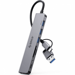 Hub USB Orico YSA8-U3, 1 x USB-A 3.0, 3 x USB-A 2.0, 1 x USB-C, 1 x SD, 1 x microSD, 1 x Jack 3.5mm (Gri) imagine