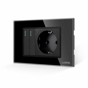 Intrerupator Dublu + Priza cu Rama din Sticla LUXION, Standard Italian, 3M (Negru) imagine