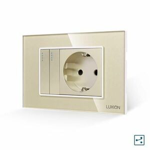 Intrerupator Dublu Cap Scara + Priza cu Rama din Sticla LUXION, Standard Italian, 3M (Auriu) imagine