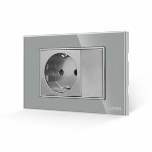 Priza Simpla si 1 Tasta Falsa cu Rama din Sticla LUXION, Standard Italian, 3M (Gri) imagine