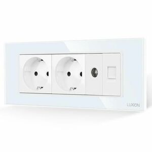Priza Dubla Schuko + TV + Internet cu Rama din Sticla LUXION, Standard Italian, 6M (Alb) imagine