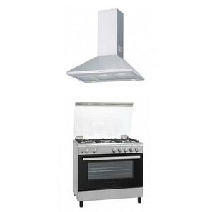 Pachet Aragaz Studio Casa Tivoli, 5 arzatoare gaz, Cuptor gaz, 90x60 cm, Grill electric , Rotisor, Aprindere electrica + Hota Decorativa Studio Casa Kaminox90, 90 cm, 1 Motor Turbo (Negru/Argintiu) imagine
