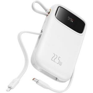 Baterie externa Baseus Qpow2, 20000 mAh, 1x USB, 2x USB-C, 22.5 W, Display, Cablu USB-C & Lightning integrat (Alb) imagine
