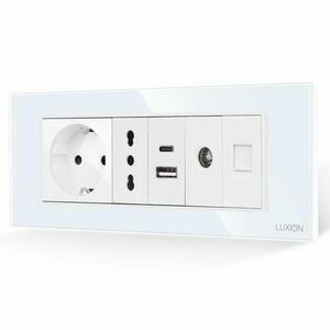 Priza Schuko + Ingusta + Dubla USB + TV + Internet cu Rama Din Sticla LUXION, Standard Italian, 6M (Alb) imagine