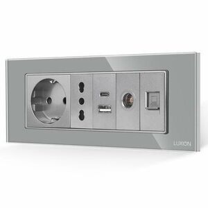 Priza Schuko + Ingusta + Dubla USB + TV + Internet cu Rama Din Sticla LUXION, Standard Italian, 6M (Gri) imagine