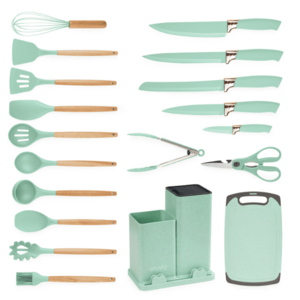 Set ustensile bucatarie 19 piese silicon alimentar cutite tocator termorezistente antiaderente suport blat VERDE MENTA imagine