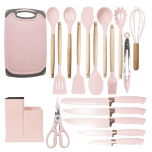 Set ustensile bucatarie 19 piese silicon alimentar cutite tocator termorezistente antiaderente suport blat ROZ imagine
