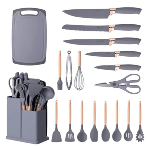 Set ustensile bucatarie 19 piese silicon alimentar cutite tocator termorezistente antiaderente suport blat GRI imagine