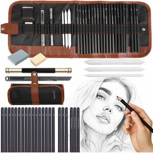 Set de instrumente pentru schite, 27 elemente, creioane, pandantive, carbune, radiere, husa depozitare imagine