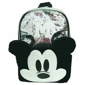 Ghiozdan scolar, paiete argintii, sclipici si blanita neagra, buzunar frontal cu Mickey Mouse, interior captusit imagine