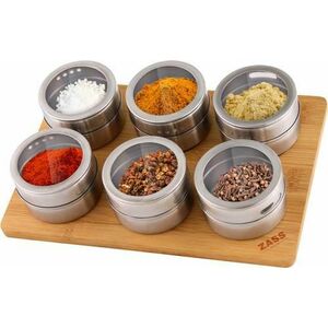 Set Recipiente condimente cu suport magnetic ZASS Gourmet ZG-MSR 01, dimensiune recipient: 6, 3 x 4 cm, 100 ml, 7 Piese, Argintiu imagine