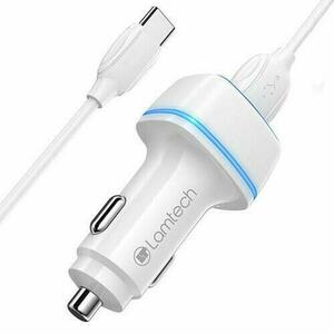 Incarcator auto Lamtech, 2xUSB 2.4A, Cablu Type-C, 1m, Alb imagine