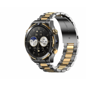 Smartwatch iSEN Watch T7, 4G, Ecran AMOLED 1.5inch, HD Dual Camera, Android 10, 6GB RAM, 128GB Flash, Wi-Fi, GPS, 800mAh, IP67, Curea metal (Negru/Auriu) imagine